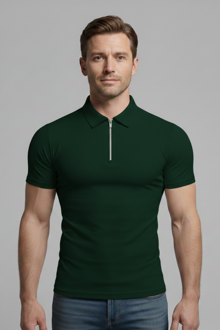 Men's Polo Shirt with Zip Fastening and Collared Neck