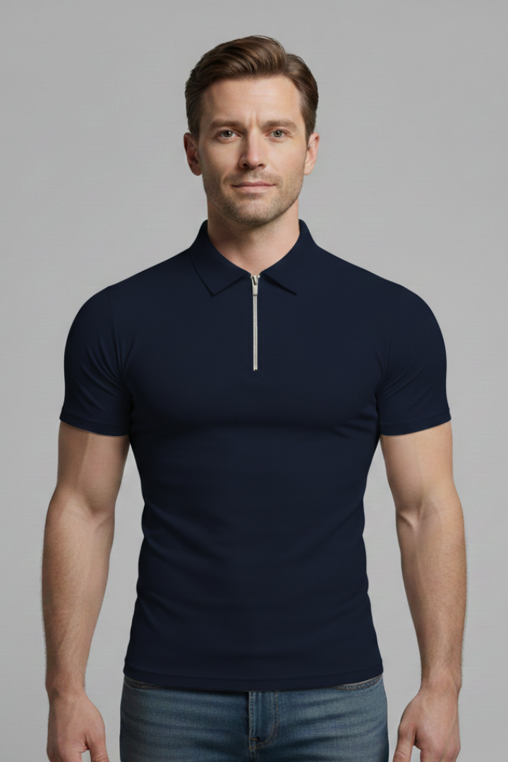 Men's Polo Shirt with Zip Fastening and Collared Neck