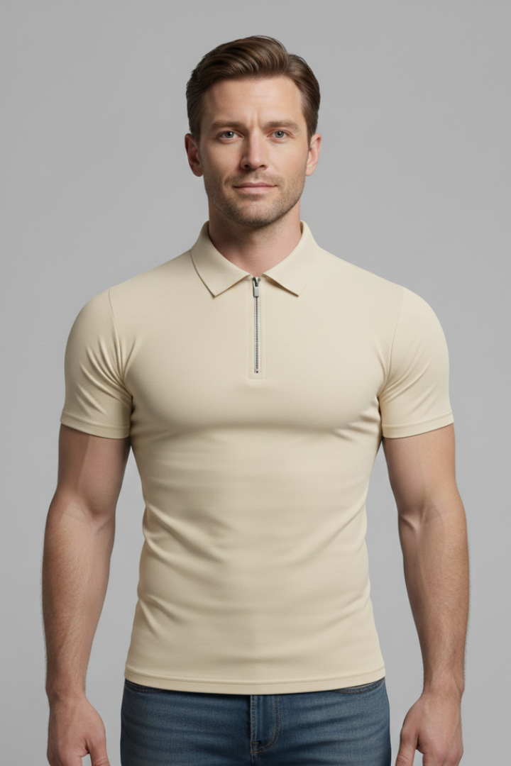 Men's Polo Shirt with Zip Fastening and Collared Neck