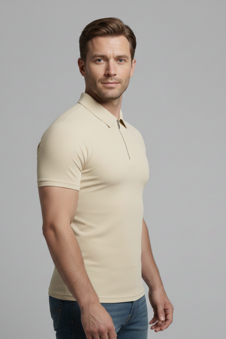 Men's Polo Shirt with Zip Fastening and Collared Neck