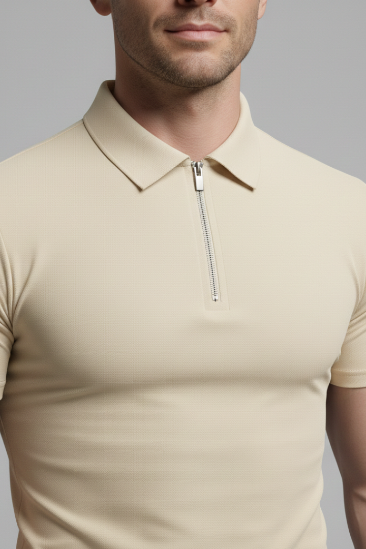 Men's Polo Shirt with Zip Fastening and Collared Neck