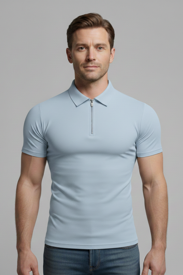 Men's Polo Shirt with Zip Fastening and Collared Neck