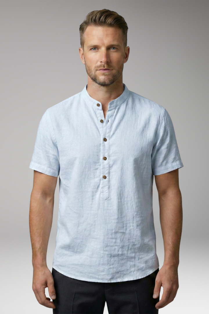 Men's Shirt with Stand-Up Collar and Button Placket