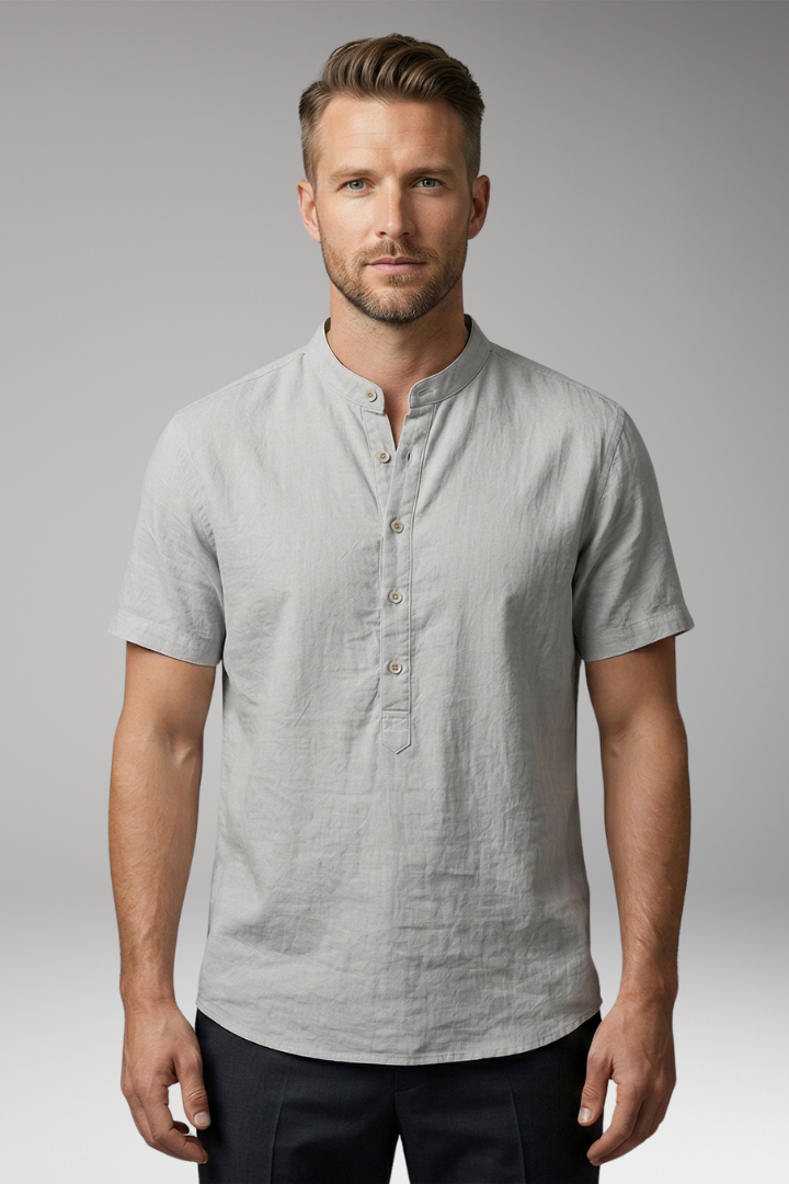 Men's Shirt with Stand-Up Collar and Button Placket