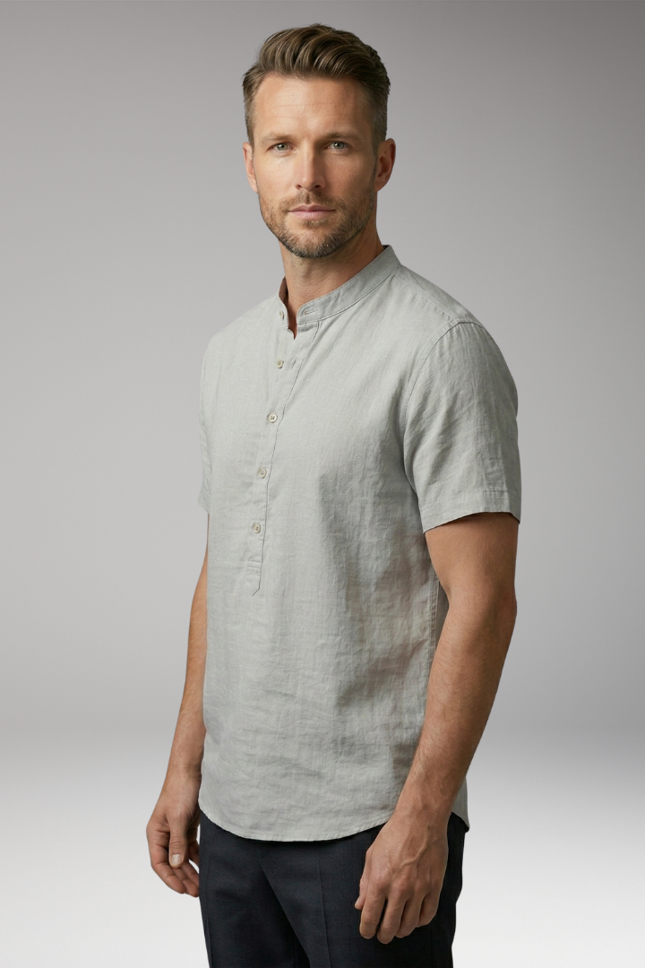 Men's Shirt with Stand-Up Collar and Button Placket
