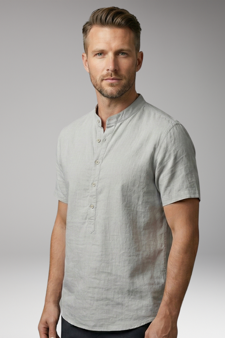 Men's Shirt with Stand-Up Collar and Button Placket
