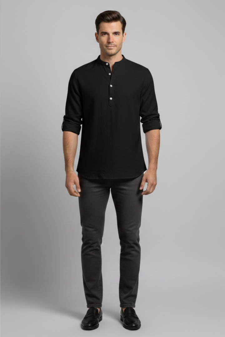 Men's Shirt with Stand Collar and Open Neckline