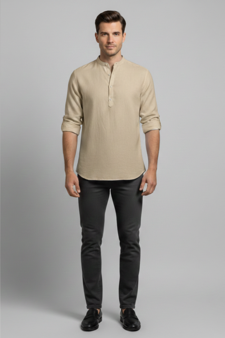 Men's Shirt with Stand Collar and Open Neckline