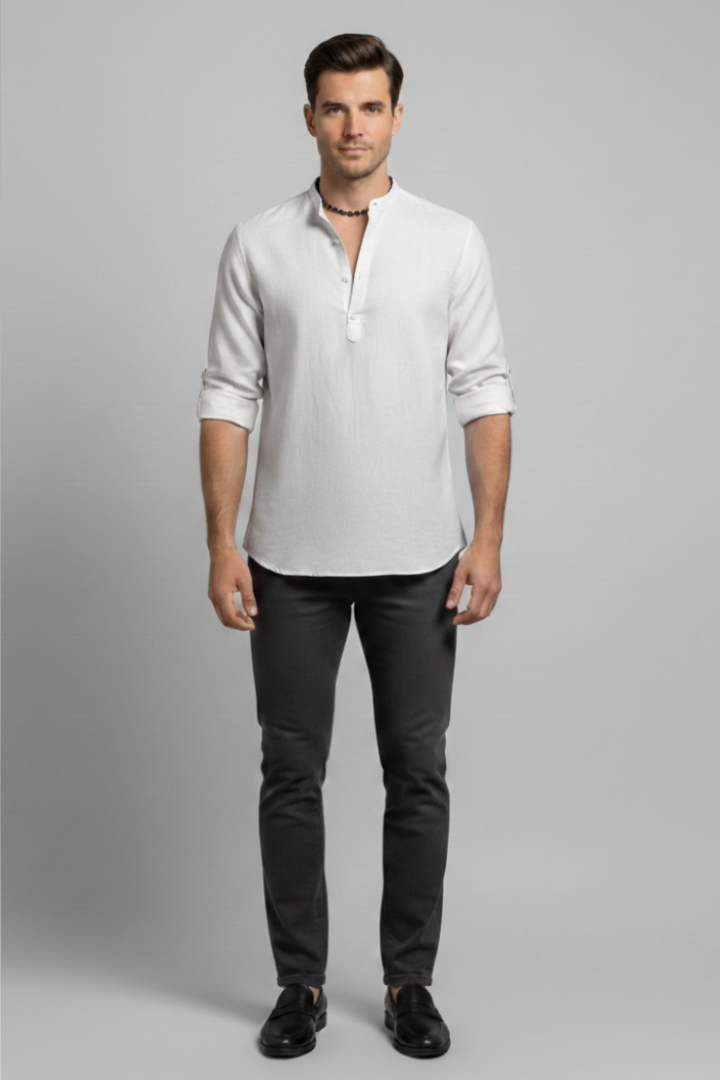 Men's Shirt with Stand Collar and Open Neckline
