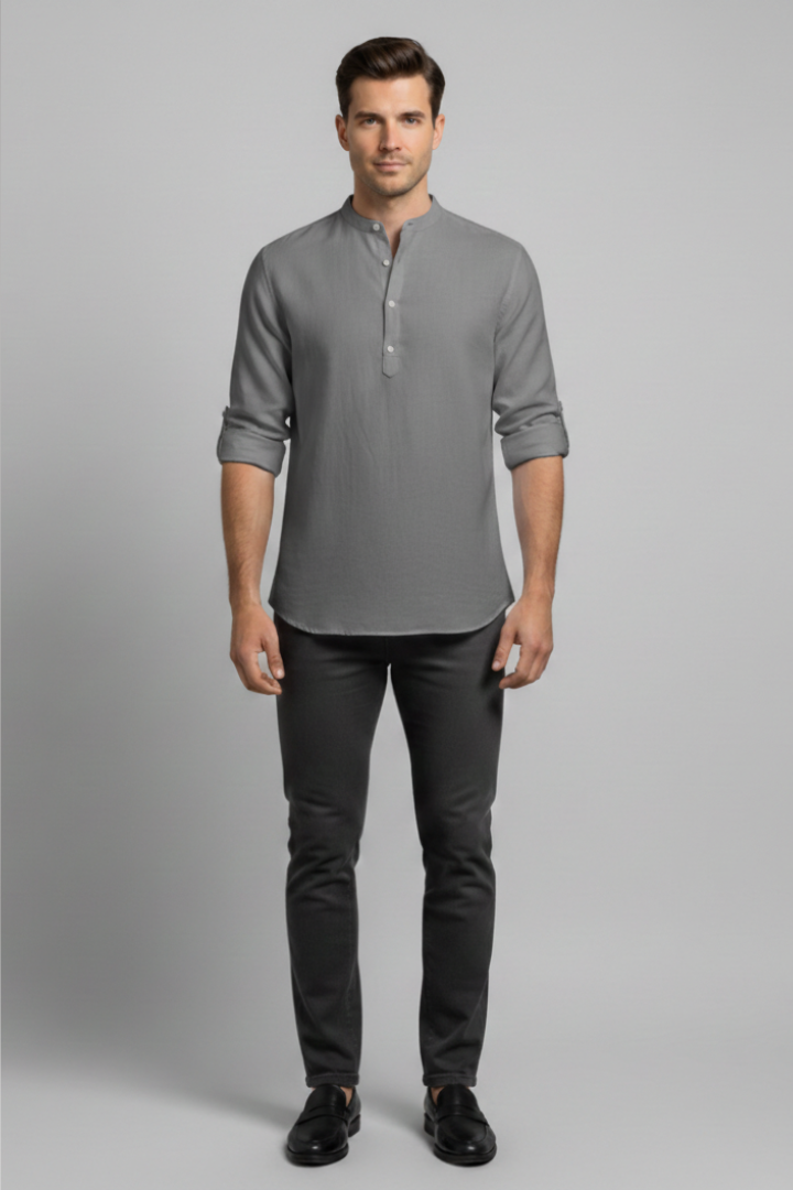 Men's Shirt with Stand Collar and Open Neckline