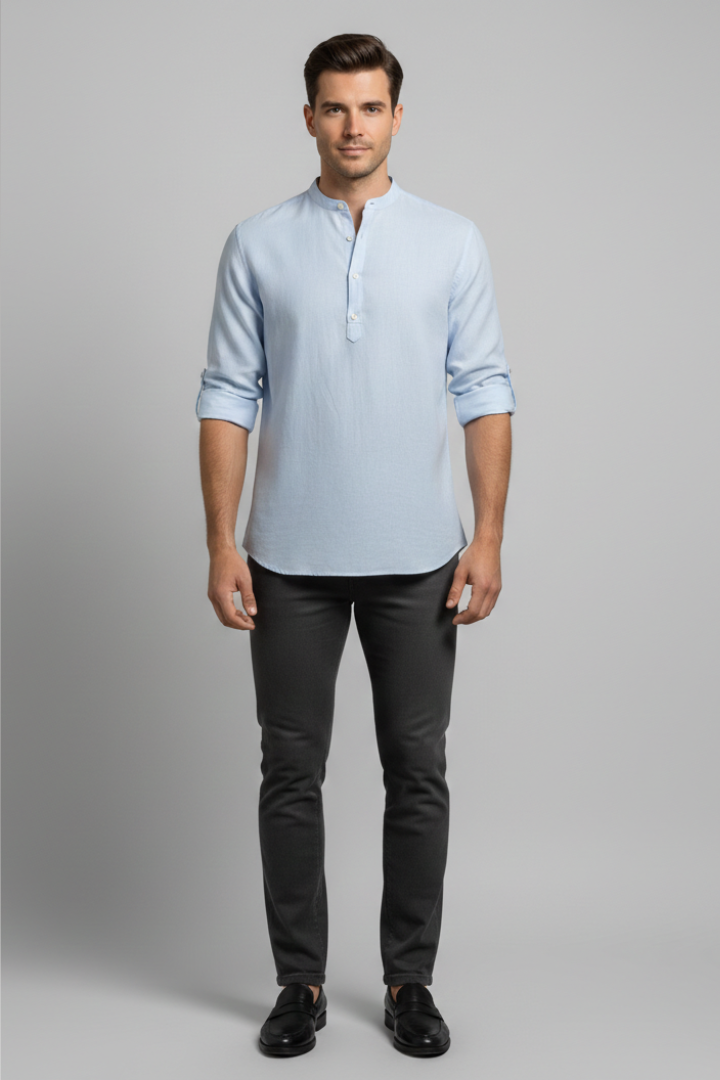 Men's Shirt with Stand Collar and Open Neckline
