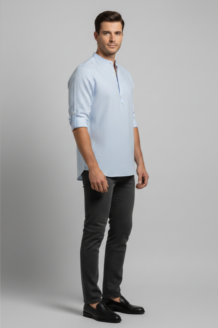 Men's Shirt with Stand Collar and Open Neckline