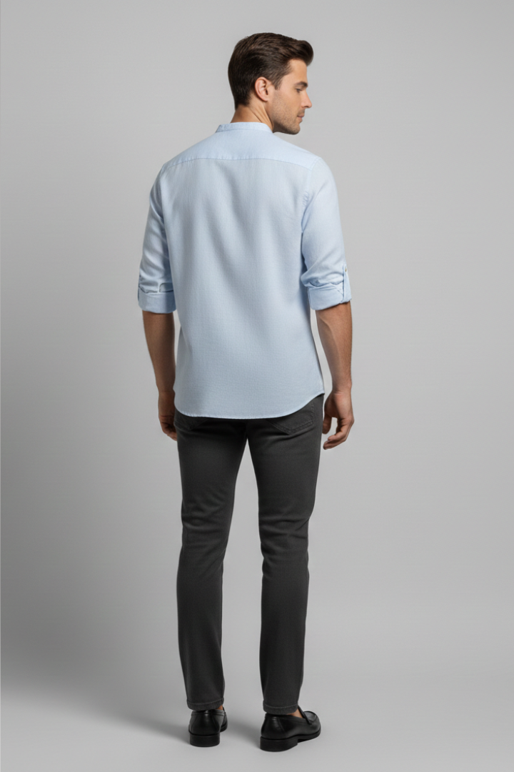 Men's Shirt with Stand Collar and Open Neckline