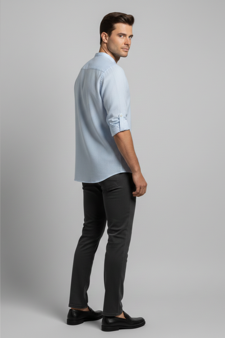 Men's Shirt with Stand Collar and Open Neckline