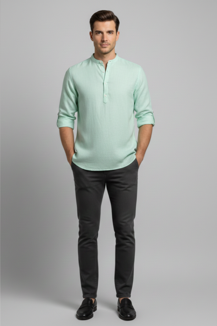 Men's Shirt with Stand Collar and Open Neckline