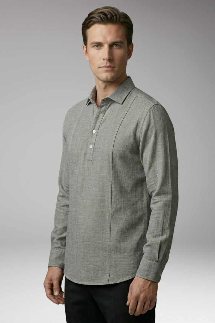 Men's Shirt with V-neck Collar and Button Placket