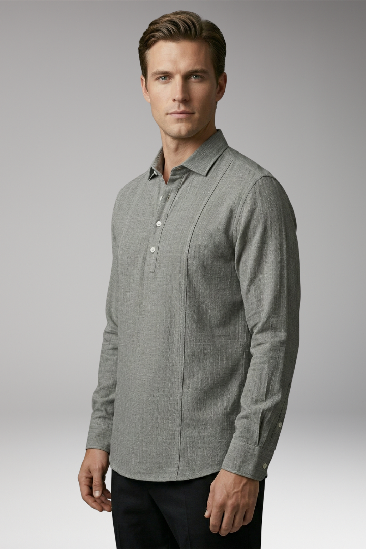 Men's Shirt with V-neck Collar and Button Placket