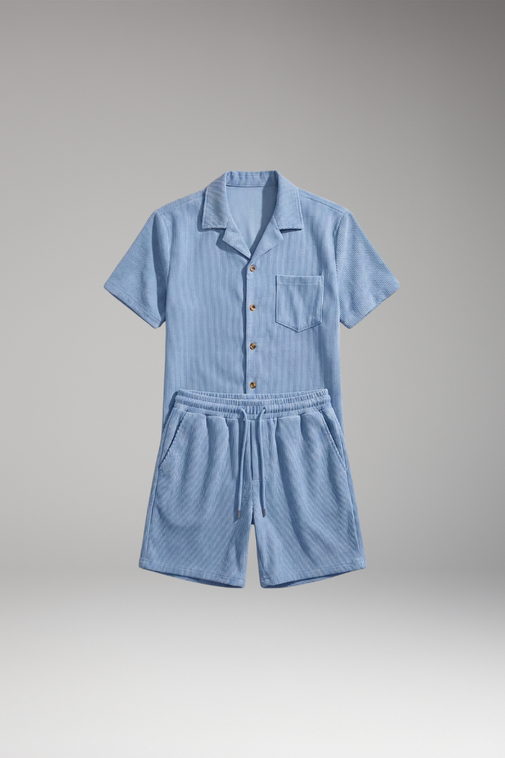 Men's Short-Sleeve Shirt and Drawstring Shorts Set with Casual Style