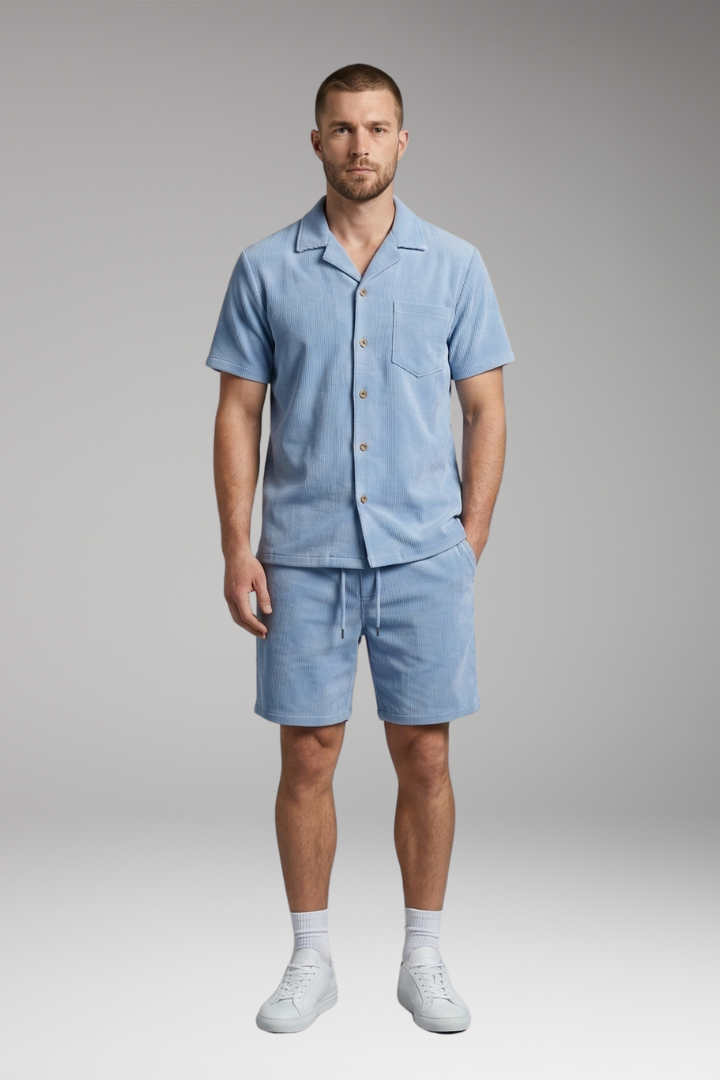 Men's Short-Sleeve Shirt and Drawstring Shorts Set with Casual Style