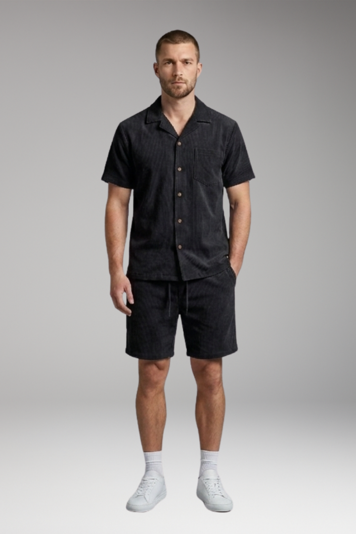 Men's Short-Sleeve Shirt and Drawstring Shorts Set with Casual Style