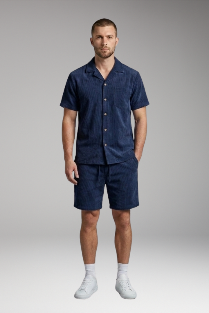Men's Short-Sleeve Shirt and Drawstring Shorts Set with Casual Style