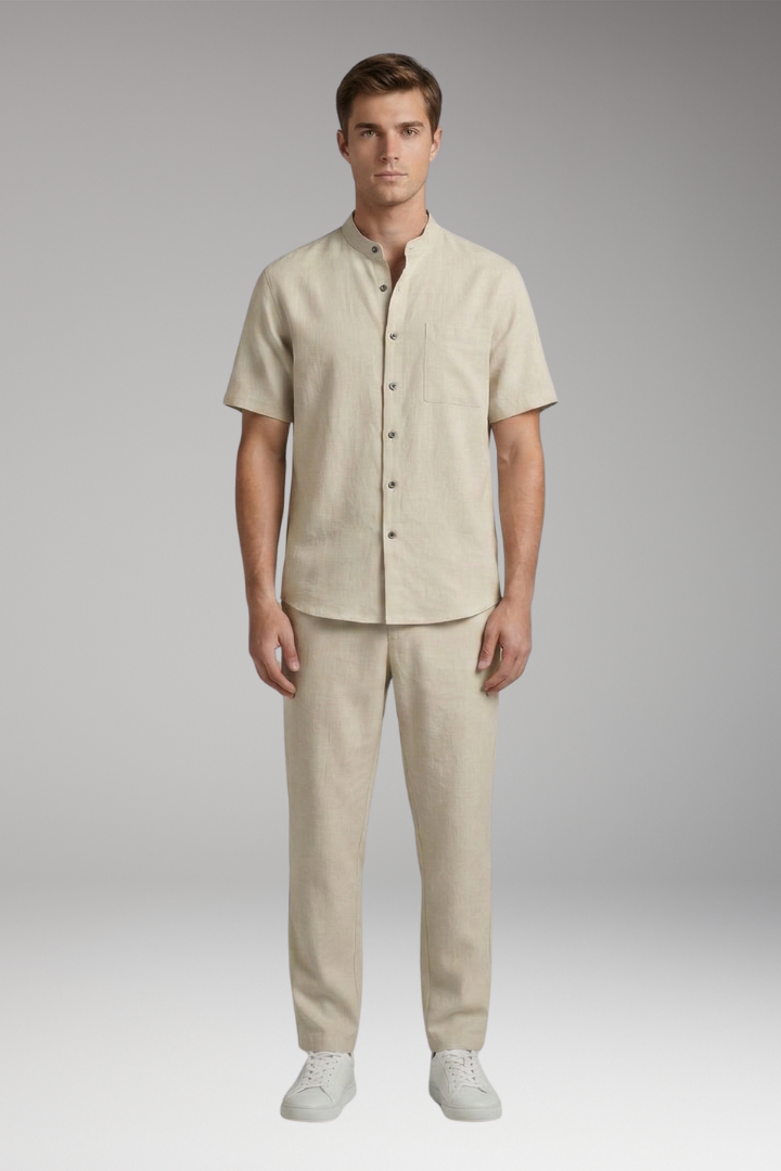 Men's Short-Sleeve Shirt and Long Trousers Set with Loose Fit