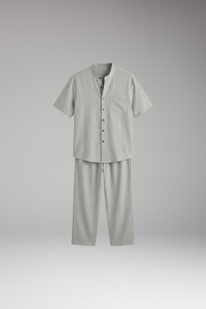 Men's Short-Sleeve Shirt and Long Trousers Set with Loose Fit