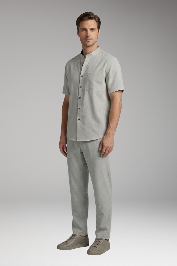Men's Short-Sleeve Shirt and Long Trousers Set with Loose Fit