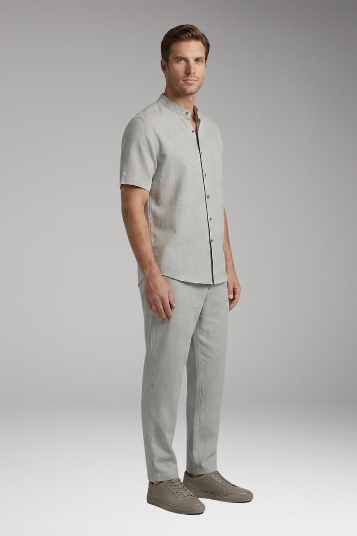 Men's Short-Sleeve Shirt and Long Trousers Set with Loose Fit