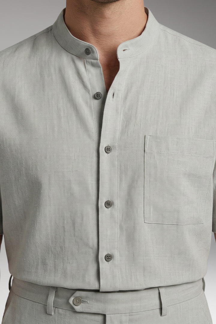 Men's Short-Sleeve Shirt and Long Trousers Set with Loose Fit