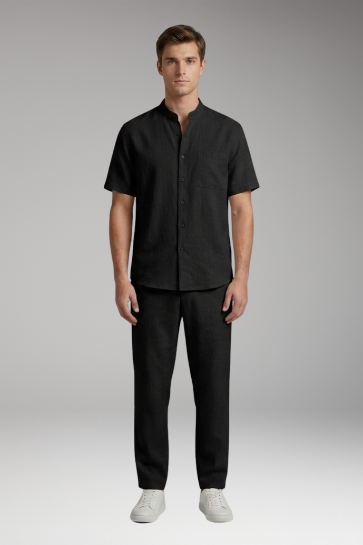 Men's Short-Sleeve Shirt and Long Trousers Set with Loose Fit