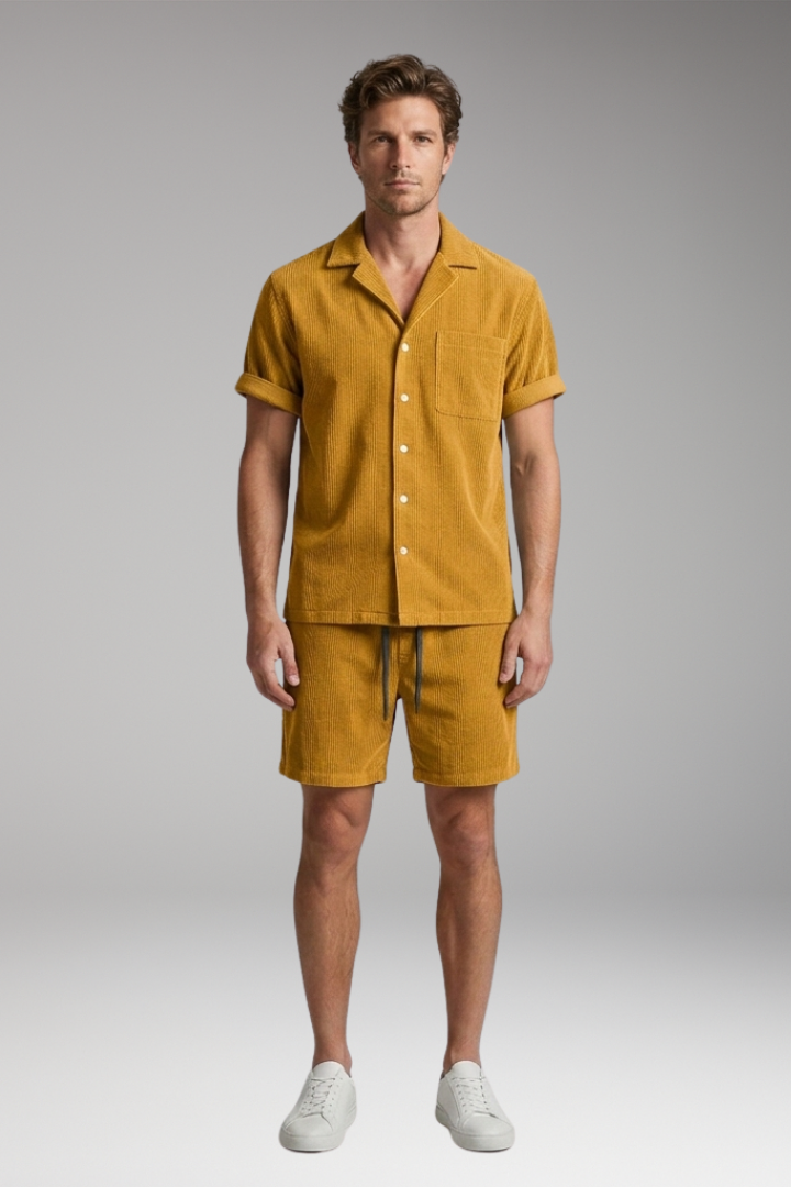 Men's Short-Sleeve Shirt and Shorts Set with Relaxed Fit