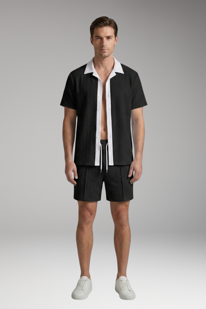 Men's Short Sleeve Shirt and Drawstring Shorts Set with Colour Contrast