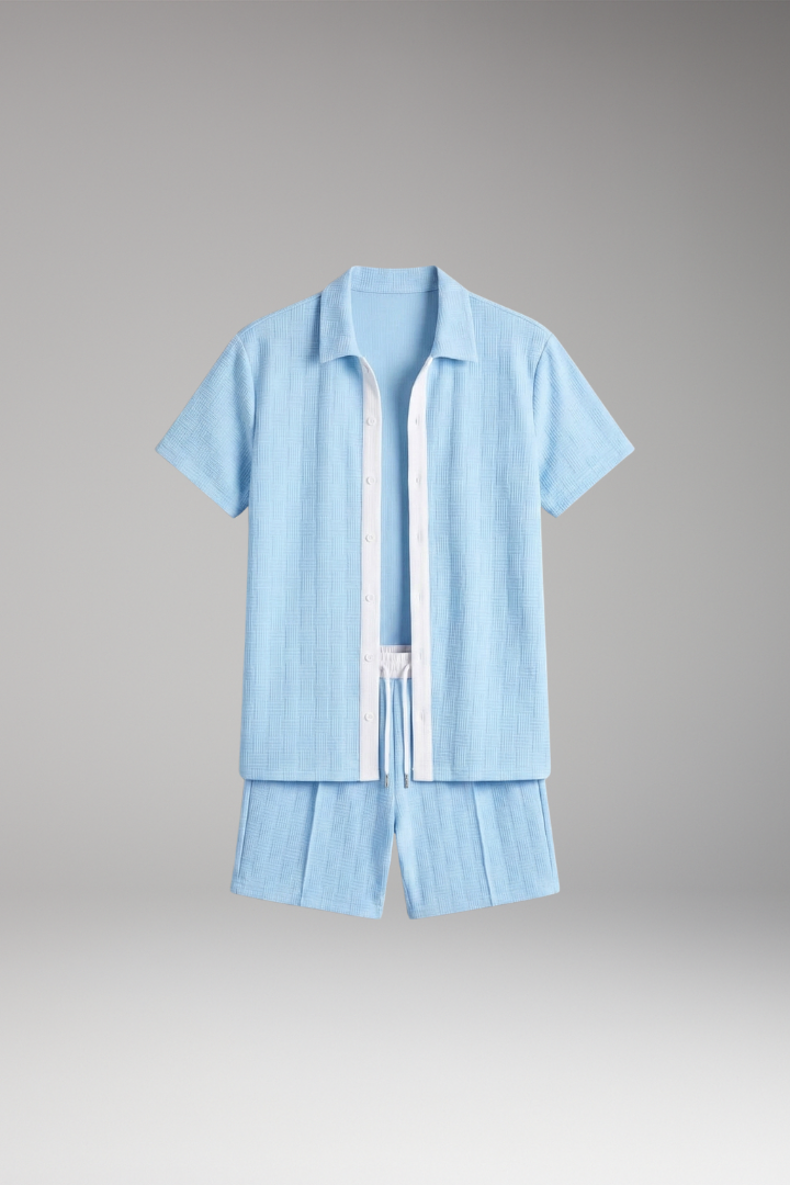Men's Short Sleeve Shirt and Drawstring Shorts Set with Colour Contrast