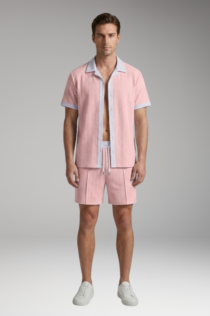 Men's Short Sleeve Shirt and Drawstring Shorts Set with Colour Contrast