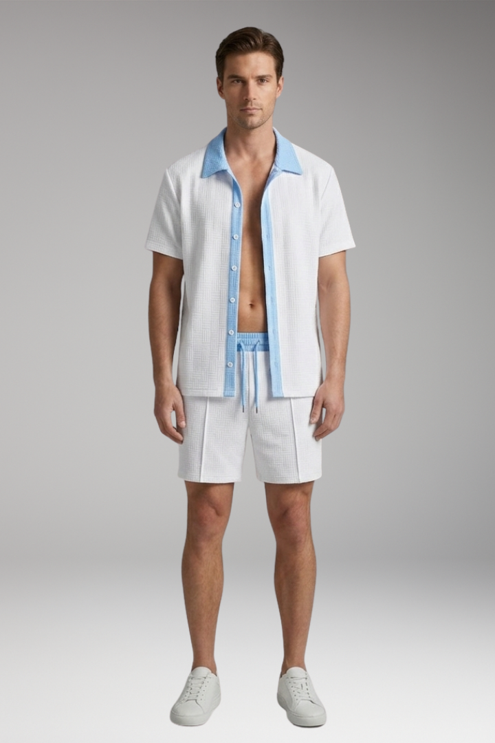 Men's Short Sleeve Shirt and Drawstring Shorts Set with Colour Contrast
