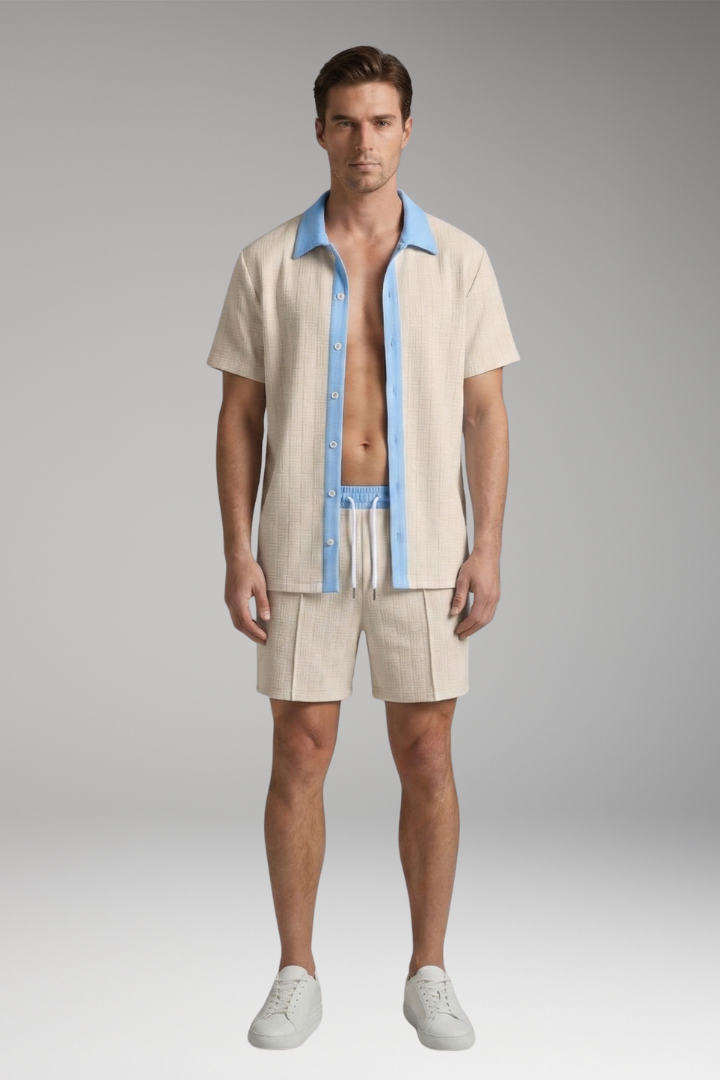 Men's Short Sleeve Shirt and Drawstring Shorts Set with Colour Contrast