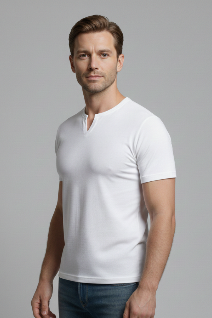 Men's Slim-Fit Shirt with V-Neck and Short Sleeves