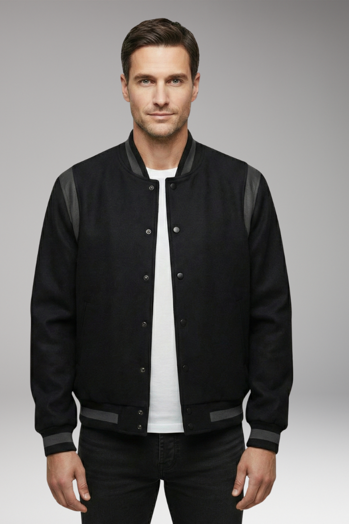 Men's Sporty Bomber Jacket with Contrasting Sleeves and Secure Buttons
