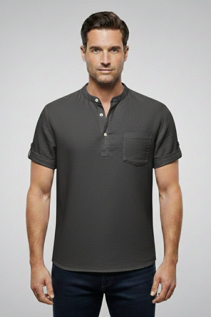 Men's Summer T-Shirt with Stand-Up Collar and Button Placket