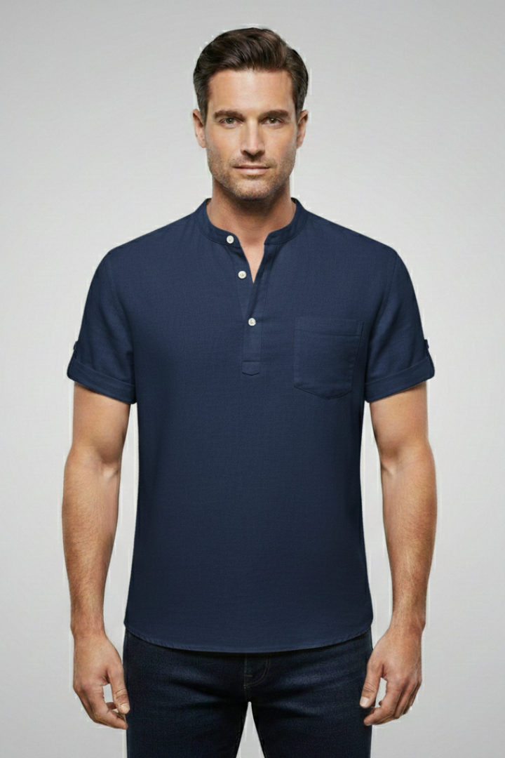 Men's Summer T-Shirt with Stand-Up Collar and Button Placket