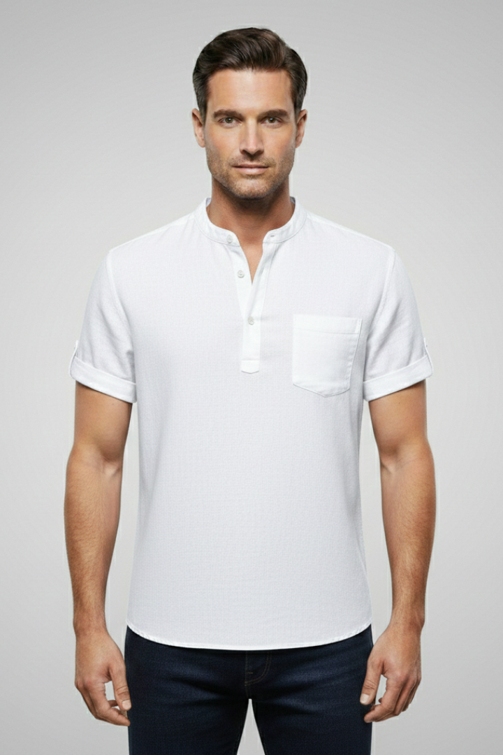 Men's Summer T-Shirt with Stand-Up Collar and Button Placket