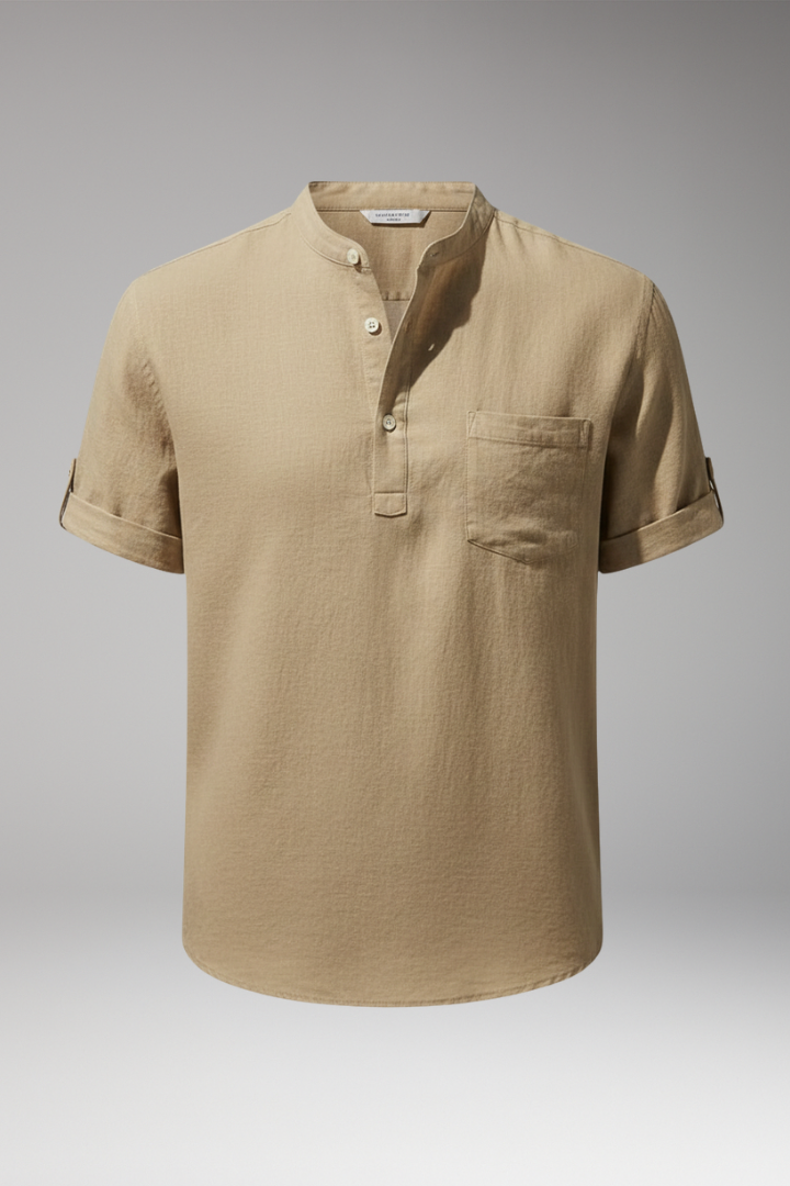 Men's Summer T-Shirt with Stand-Up Collar and Button Placket