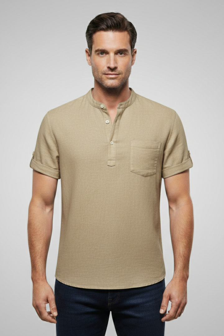 Men's Summer T-Shirt with Stand-Up Collar and Button Placket