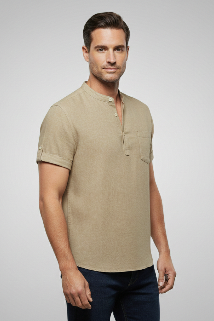 Men's Summer T-Shirt with Stand-Up Collar and Button Placket