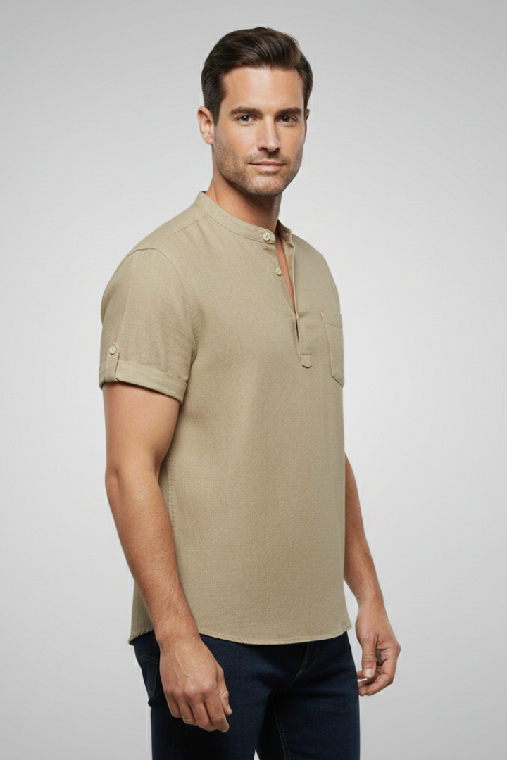 Men's Summer T-Shirt with Stand-Up Collar and Button Placket