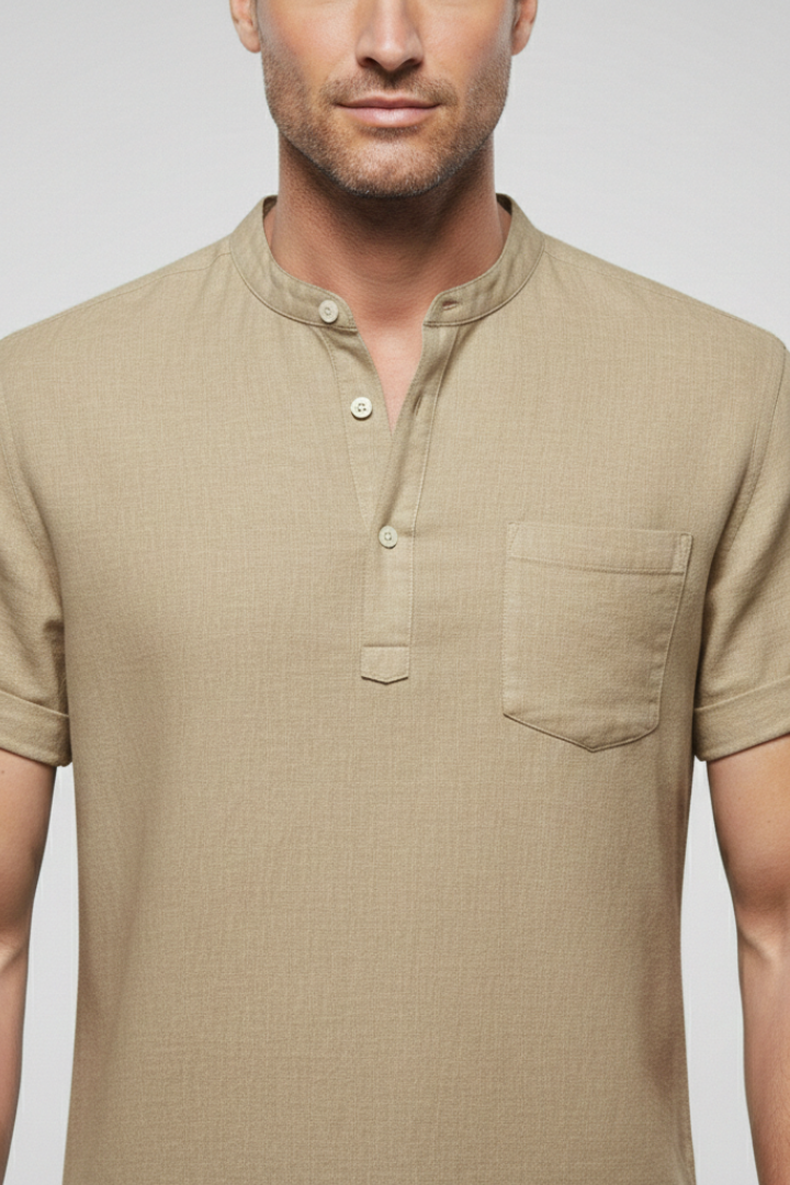 Men's Summer T-Shirt with Stand-Up Collar and Button Placket