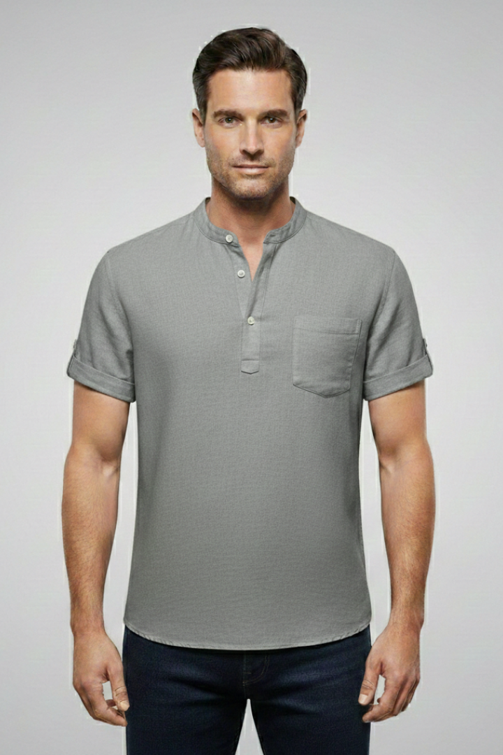 Men's Summer T-Shirt with Stand-Up Collar and Button Placket