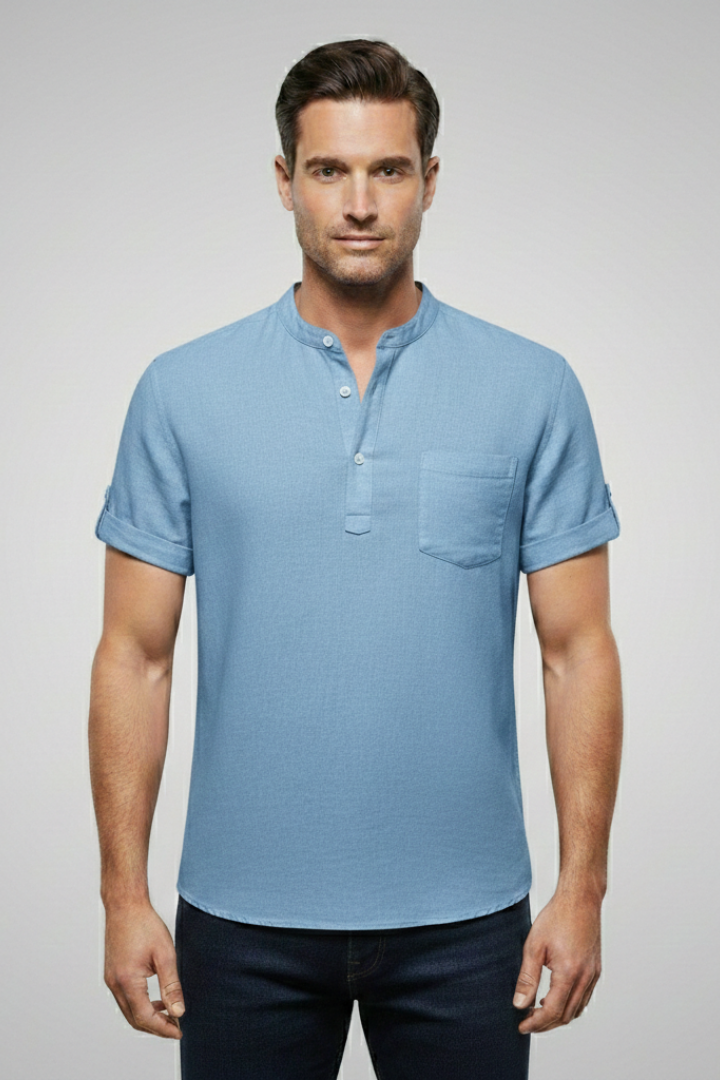 Men's Summer T-Shirt with Stand-Up Collar and Button Placket