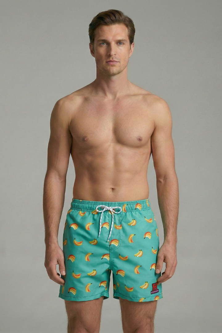 Men’s Swim Shorts with Fruit Print and Elastic Waistband